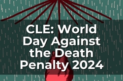 [ai] An illustrated image featuring a red umbrella with rain falling in the background. Text overlaid reads, "CLE: World Day Against the Death Penalty 2024" in large white font.